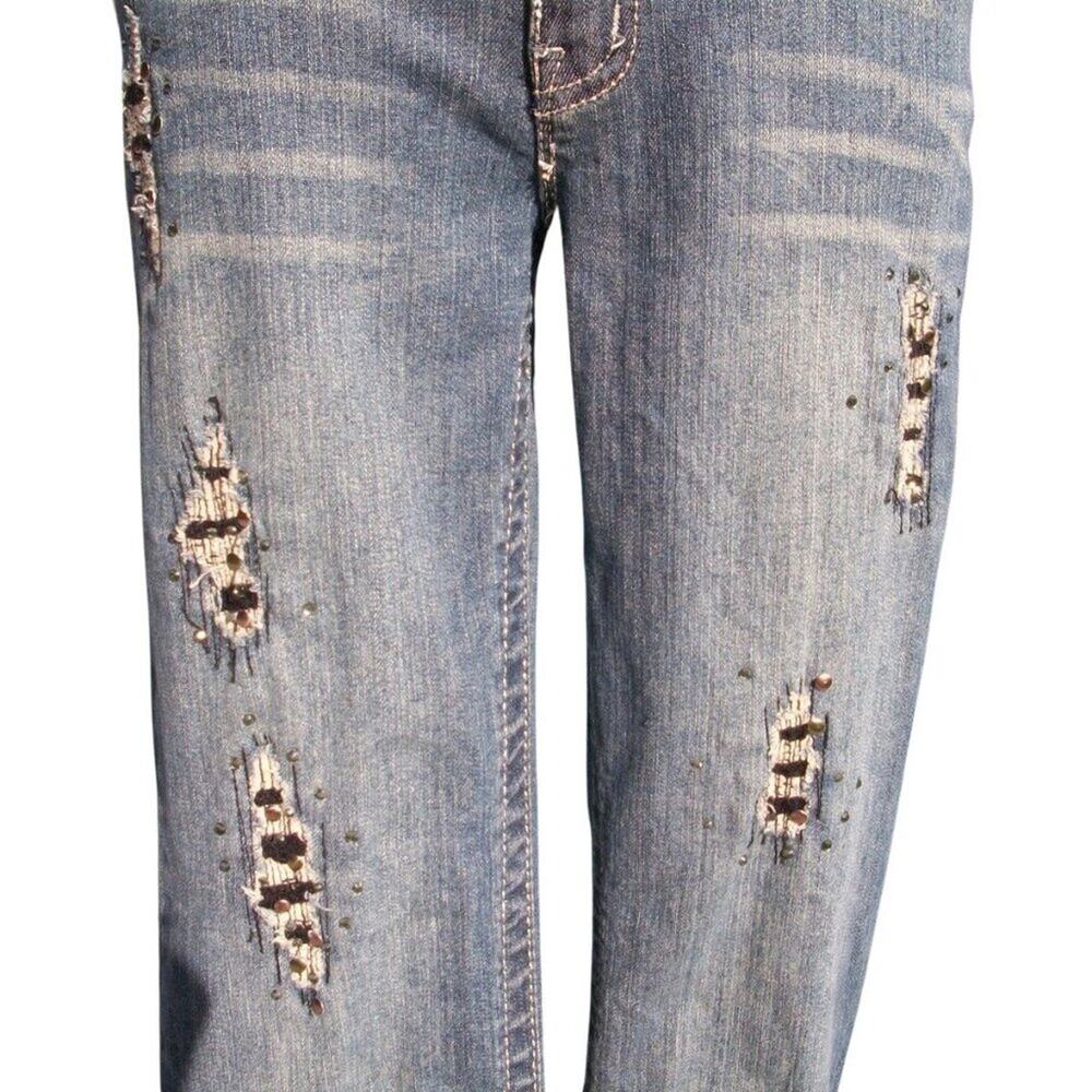 Cache Metallic Detail Embellished Front and Back Stretch Denim Jean Pant $158